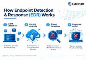 Endpoint detection and response process showing monitoring, threat detection, investigation and containment